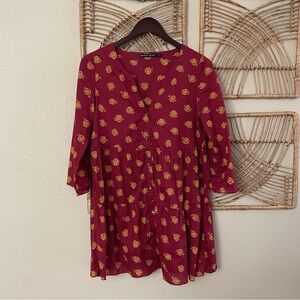 Gudrun Sjoden Floral Print Top Tunic Button Down‎ Red Yellow Women's Sz XS B44